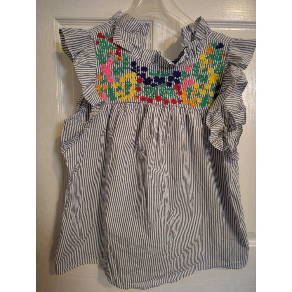 Crown & Ivy Women’s Blue White Striped V-Neck Ruffle Embroidered Blouse L